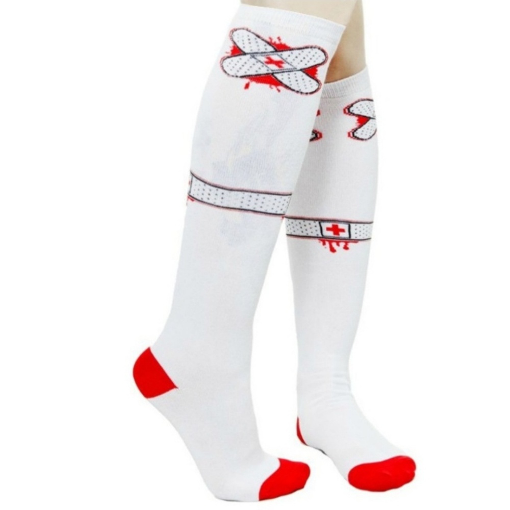 Sourpuss White & Red Band Aid Over The Knee Socks